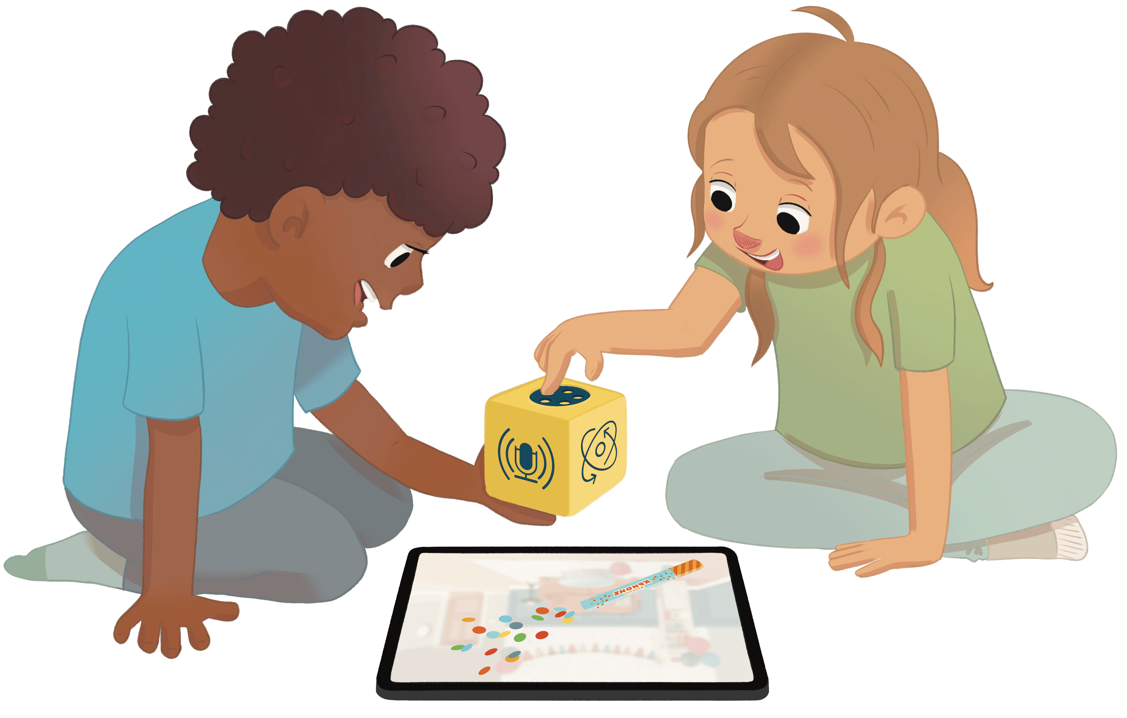Zwei Kinder spielen mit einem gelben, interaktiven Würfel, dem Sense-Cube, und einer Tablet-App.